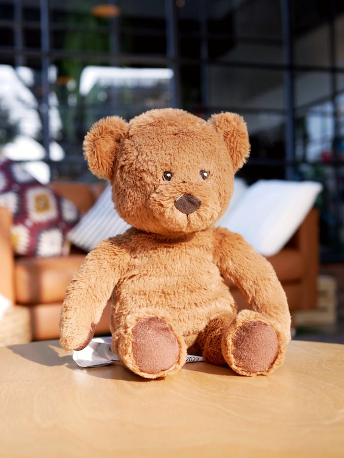 Soft brown teddy bear sitting on a table in bright indoor setting.